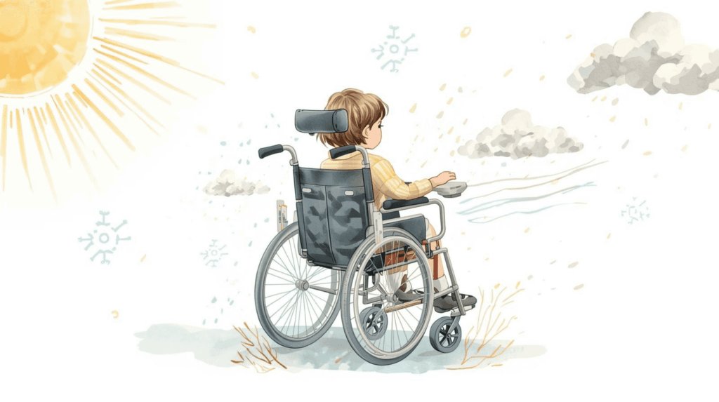 Kind im Rollstuhl im Aprilwetter mit Regen, Sonne, Schnee und Wind
