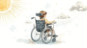 Kind im Rollstuhl im Aprilwetter mit Regen, Sonne, Schnee und Wind