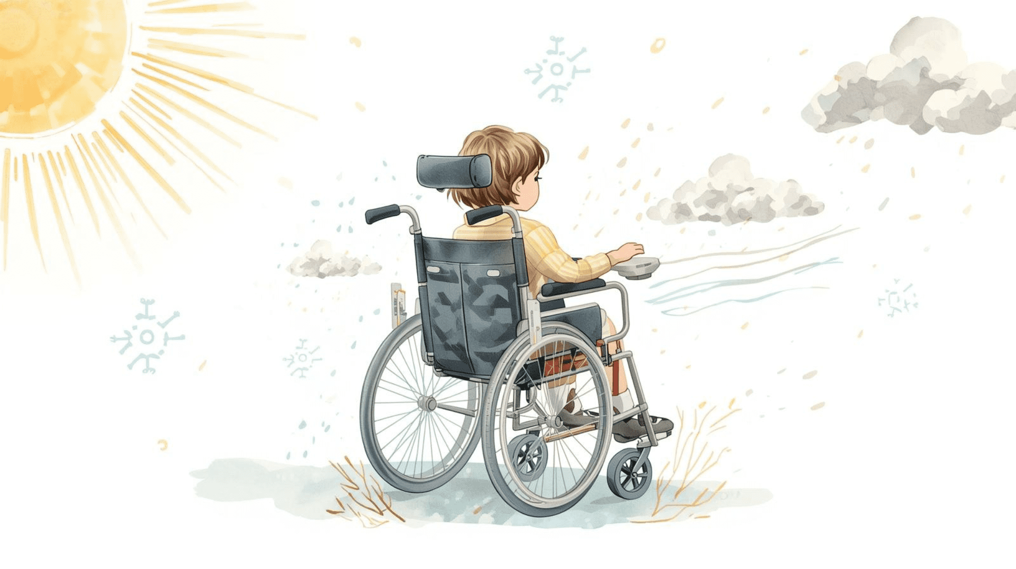 Kind im Rollstuhl im Aprilwetter mit Regen, Sonne, Schnee und Wind